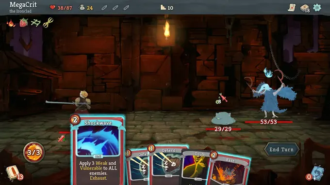 Slay the Spire combat screen with cards in hand and an enemy above